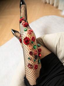 Medias transparentes ultra finas de color negro con malla transparente, perlas falsas, lentejuelas brillantes y hermosas flores, flor roja hecha a mano con rhinestones, piedras preciosas, sexy y atmosférico, personalizado, mallas de red exageradas - Negro - Ver 2