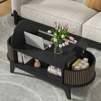 Stylish Mid-Century Modern Coffee Table With Hidden Storage & Fluted Paneling – Oval Wood Table With Flip-Top Lids, Ideal Centerpiece For Living Room, Office, Or Small Spaces