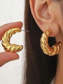 4对极简主义花卉/水滴元素耳环，小号C形耳环，扭曲水滴形素面金属耳钉 - 水滴耳環套 - 查看 6