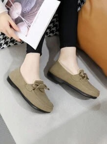 Women's Bow Decor Round Toe Flat Shoes, Thermal Lined Warm And Soft Bottom Slip-On, Outdoor Casual Snow Sports Shoes For Autumn/Winter - Green - View 4