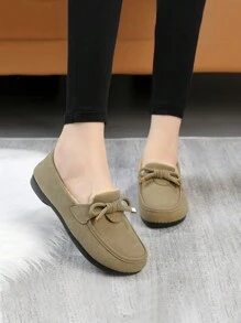 Women's Bow Decor Round Toe Flat Shoes, Thermal Lined Warm And Soft Bottom Slip-On, Outdoor Casual Snow Sports Shoes For Autumn/Winter - Green - View 3