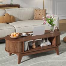 Fluted Wood Oval Coffee Table With Flip-Top Storage & Open Shelf – Mid-Century Modern Centerpiece, Ideal For Living Room, Apartment, Office, Or Small Spaces - 核桃 - 查看 7