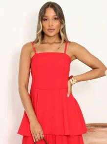 Eva Long Dress With Thin Straps In Layers, Various Colors, Summer - Red - View 2