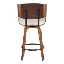 Lombardi 26" Mid-Century Modern Fixed-Height Counter Stool With Swivel In Walnut Wood And Cream Faux Leather With Round Black Metal Footrest By LumiSource - Set Of 2