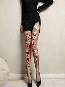 Medias transparentes ultra finas de color negro con malla transparente, perlas falsas, lentejuelas brillantes y hermosas flores, flor roja hecha a mano con rhinestones, piedras preciosas, sexy y atmosférico, personalizado, mallas de red exageradas - Negro - Ver 3