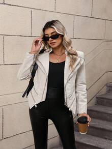 Giolshon Women's Fashionable Commuter Jacket With Pockets - Perfect For Autumn And Spring Seasons Leather Women Jacket - Beige - View 4