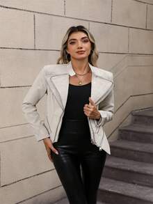 Giolshon Women's Fashionable Commuter Jacket With Pockets - Perfect For Autumn And Spring Seasons Leather Women Jacket - Beige - View 3