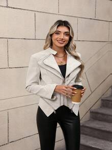 Giolshon Women's Fashionable Commuter Jacket With Pockets - Perfect For Autumn And Spring Seasons Leather Women Jacket - Beige - View 6