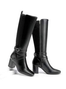 Women's  Chunky Heel Knee-High Boots Block Heel Pull On Side Zipper Comfortable Fashionable Buckle Riding Boots - 黑色 - 查看 2