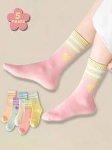 5 双女童过膝袜，儿童中筒心形设计时尚袜子，幼儿和学生可爱保暖运动袜，秋冬 - 彩色 - 查看 14