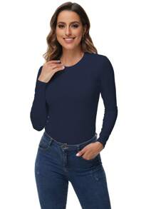 2 件装女士运动保暖 T 恤秋冬季微绒衬里打底衫多功能底层运动训练 T 恤 - 藏蓝色 - 查看 5