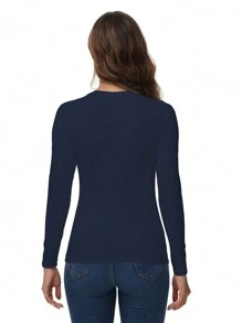 2 件装女士运动保暖 T 恤秋冬季微绒衬里打底衫多功能底层运动训练 T 恤 - 藏蓝色 - 查看 4