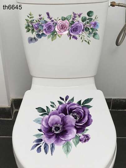 1 zestaw naklejek na klapę sedesową z motywem kwiatowym, kreatywne samoprzylepne naklejki z PVC z fioletowymi kwiatami, ceramiczne naklejki na spłuczkę i deskę sedesową – zdejmowane, dekoracyjne naklejki do remontu łazienki, estetyczne, niezbędne elementy wystroju domu, wystrój łazienki na jesień
