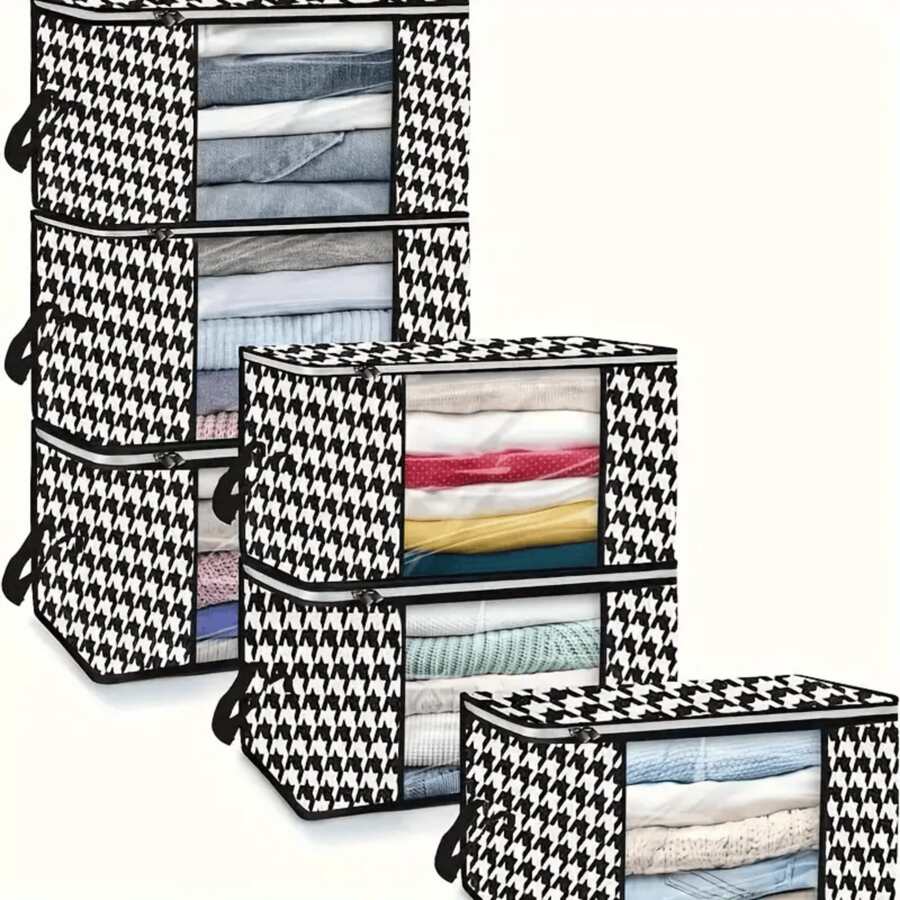 3 pièces boîtes de rangement de décoration de vacances à motif pied-de-poule, rangement de vêtements et d'armoires, couvertures, couvertures, sacs de rangement, boîtes de rangement zippées pliantes, boîtes de rangement de vêtements grande capacité, gris avec poignées. - Pied-de-poule - Voir 1