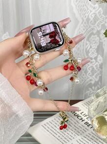 1pc Red Cherry Pearl Beaded Gold Decor Bracelet Band, Suitable For Apple Watch Ultra/SE/10/9/8/7/5/4/3/2/1 Series, And Ultra2/Ultra/SE/38/41/42/44/45/46/49mm, Fashionable Bracelet Accessory For Women. Best Gift For Girlfriend And Friends, Comfortable Wear, Fits Wrist Closely, Only Includes Band, Watch And Case Not Included. - Red - View 6