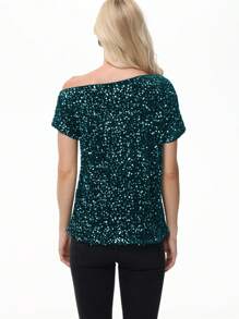 Women's Sequin One Shoulder Short Sleeve Top Party Club Sparkle Glitter Concert Tunic Blouse