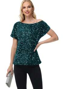 Women's Sequin One Shoulder Short Sleeve Top Party Club Sparkle Glitter Concert Tunic Blouse