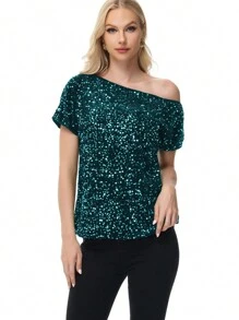 Women's Sequin One Shoulder Short Sleeve Top Party Club Sparkle Glitter Concert Tunic Blouse