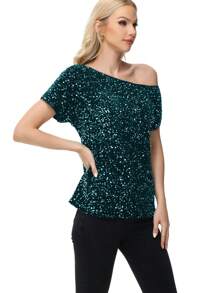 Women's Sequin One Shoulder Short Sleeve Top Party Club Sparkle Glitter Concert Tunic Blouse