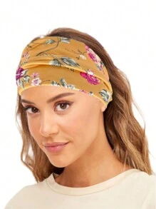 新款波西米亚风格玫瑰印花弹性头带，宽扭发带适合户外、运动、瑜伽、健身服、优雅街头派对，涤纶，四季头巾头带吸汗带