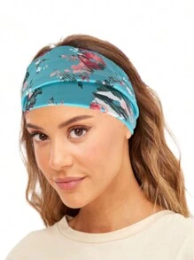 新款波西米亚风格玫瑰印花弹性头带，宽扭发带适合户外、运动、瑜伽、健身服、优雅街头派对，涤纶，四季头巾头带吸汗带