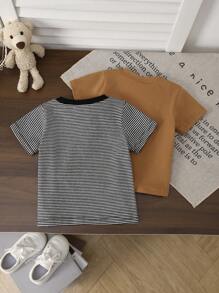Baby Boys 2 Pieces Knit Round Neck Short Sleeve Striped Outdoor Casual Versatile T-Shirt With Bear Decor, Spring/Autumn