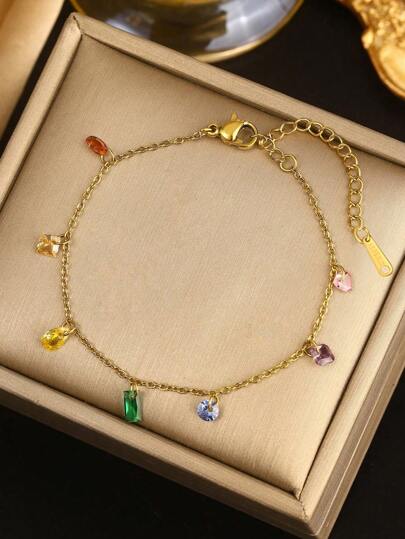 VceTd 1pc Elegant & Chic Glass & Rhinestone Decor 18k Gold-Plated Stainless Steel Bracelet, Suitable For Women's Daily Life & Outfit Or As Gift