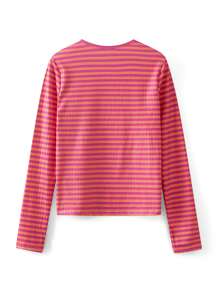 Women's Rib Knitted Striped T-Shirts Contrast Color Slim Fit Long Sleeve Round Neck Casual Tee Tops - Orange - View 6