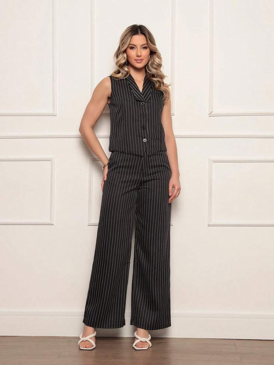 Women's Striped Tailored Set Vest With Long Trousers Formal Style Imported - Đen và trắng - Xem 1