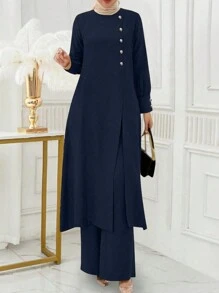 Women 2Pcs Solid Color Button Design Long Sleeve Arabic Style Top And Pants Set - Màu xanh hải quân - Xem 1