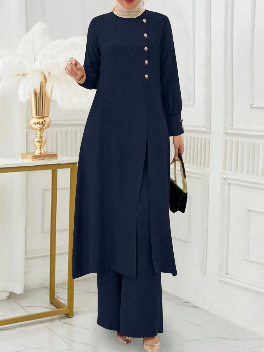 Women 2Pcs Solid Color Button Design Long Sleeve Arabic Style Top And Pants Set - Màu xanh hải quân - Xem 1