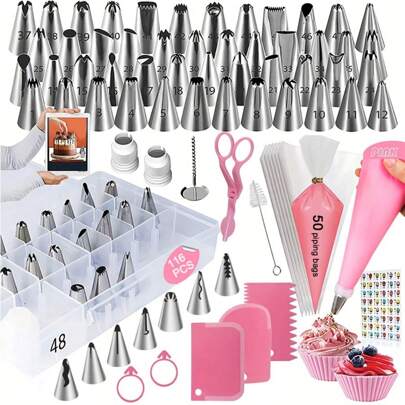 116pcs Cake Decorating Supplies Set, Includes 55 Piping Tips, 50 Piping Bags, 3 Icing Spatulas, With Storage Box. Suitable For Creative Icing Cakes, Cookies, Breads For Home Kitchen, Parties, Bakers. Also Applicable For Halloween And Christmas Celebrations Back To School