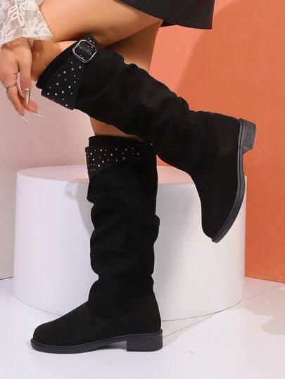 Fall/Winter 2025 Women's Fashion Over-The-Knee Boots, Black One-Push Hidden Wedge Heel Casual Vacation Travel Daily Wear Tall Boots