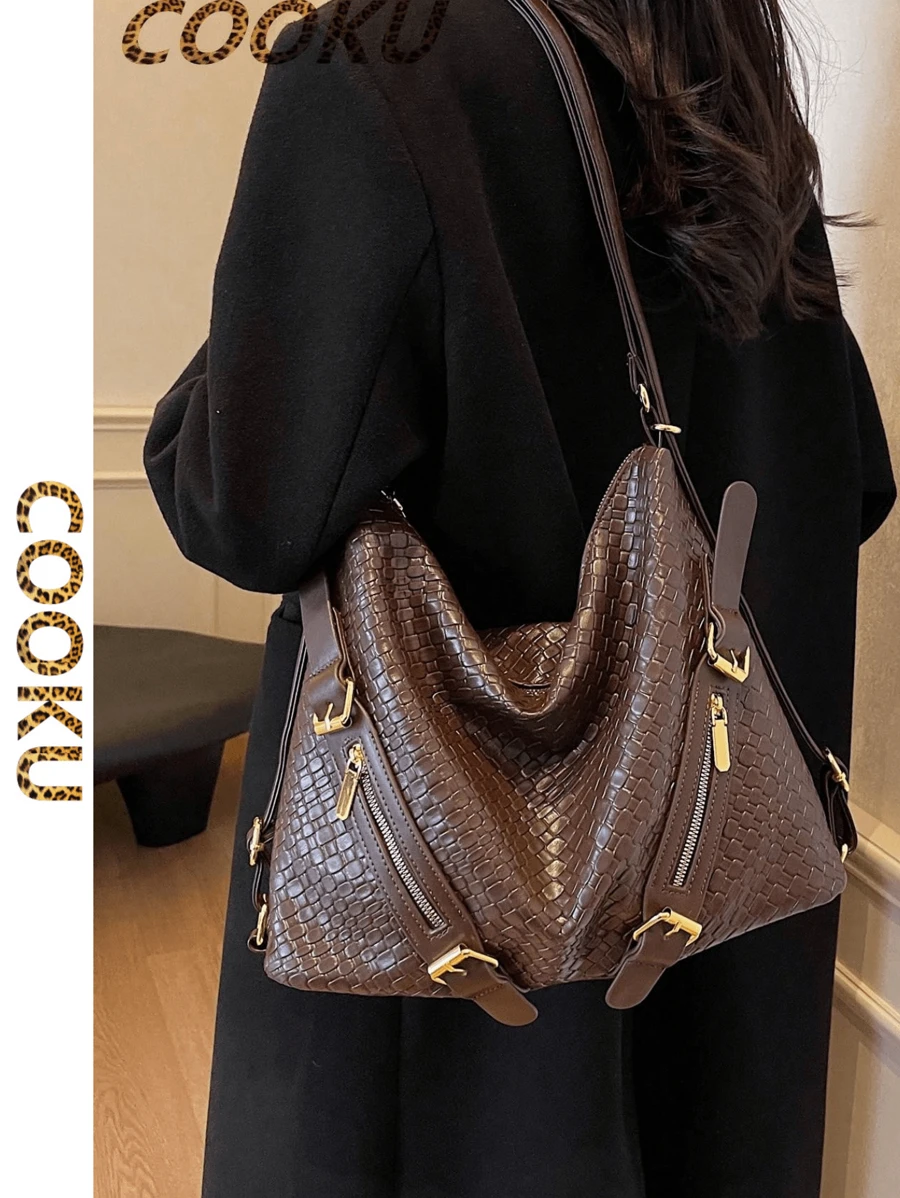 复古时尚单/双肩带大容量斜挎包，2024新款女士秋冬 - 咖啡棕 - 查看 1