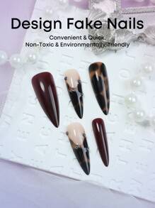 24片长尖头棕色豹纹法式美甲贴纸，银色珠子设计，复古风格全覆盖假指甲，适合女性和女孩日常佩戴 - 彩色 - 查看 5