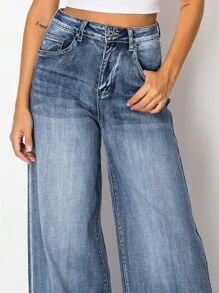 Women High Waisted Wide Leg Jeans In Vintage Wash-Faded Wash High Rise Jeans-Dark Blue Denim Long Jeans - Rửa tối - Xem 4
