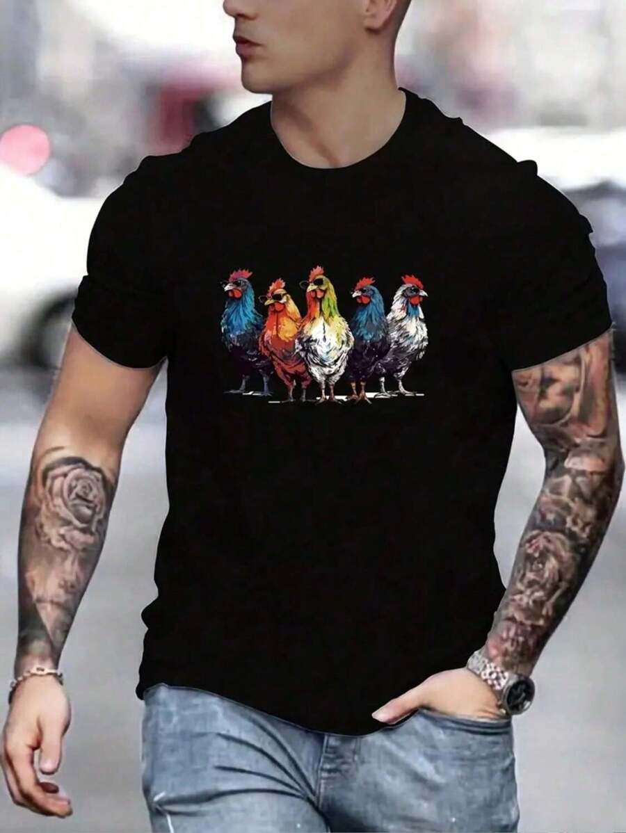 Men's Short Sleeve Casual Round Neck Summer Chicken T-Shirt - màu đen - Xem 1