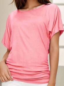OUTBALL Womens Casual T Shirts Dolman Short Sleeve Shirts Boat Neck Ruched Tops Summer Lightweight Clothes - 粉色 - 查看 3