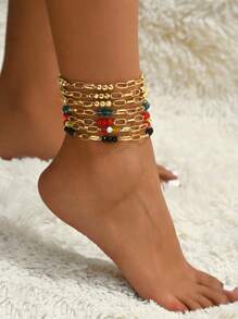 18k 镀金 1 件优雅复古风格多色串珠精致脚链，适合派对 - 彩色 - 查看 1