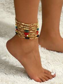 18k 镀金 1 件优雅复古风格多色串珠精致脚链，适合派对 - 彩色 - 查看 10