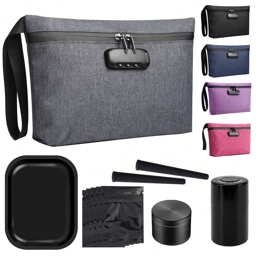 Smell Proof Bag With Combination Lock Set, Metal Herb Grinder Included, Portable Sealed Herb Storage Jar, Odor Isolation Bag, Rolling Tray, Travel Storage Box Set, Waterproof, Sealed Zipper, Household Gadget - 彩色 - 查看 1