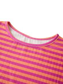 Women's Rib Knitted Striped T-Shirts Contrast Color Slim Fit Long Sleeve Round Neck Casual Tee Tops - Orange - View 7