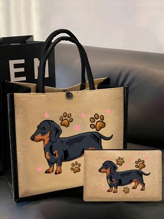 Linen Buckle Tote Bag And Makeup Bag, Cute Cartoon Dachshund Pattern, Love Dog Pattern, Including Large And Small Wallets, Handbags, Coin Wallets, Handbags And Wallets, Card Bags, Teacher's Multifunctional Portable Handbag, Teacher's Appreciation Linen Bag, Women's Gift, Portable Leisure Storage Handbag, Beach Essentials, Summer Women Bag,Perfect For Travel, Vacation, Holiday & Beach, Best Teacher Gift , Teacher Gift