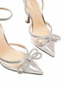 Women's Rhinestone Bow High Heels Ankle Strap Pumps Closed Toe Strappy Heels Sexy Fashionable Wedding Bridal Party Dress Shoes - 銀色透明 - 查看 7