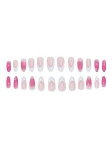 Una caja de 24 uñas de tacón stiletto medianas, con un elegante degradado de color rosa con acentos de pétalos blancos, que irradian un ambiente suave y refinado. Este set de uñas postizas incluye una lima de uñas y pegamento de gel, perfectas para todas las mujeres, ideales para uso diario, fiestas y ocasiones especiales, agregando un toque de delicado a tus dedos.