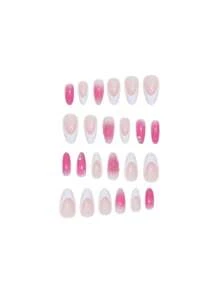 Una caja de 24 uñas de tacón stiletto medianas, con un elegante degradado de color rosa con acentos de pétalos blancos, que irradian un ambiente suave y refinado. Este set de uñas postizas incluye una lima de uñas y pegamento de gel, perfectas para todas las mujeres, ideales para uso diario, fiestas y ocasiones especiales, agregando un toque de delicado a tus dedos.