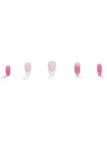 Una caja de 24 uñas de tacón stiletto medianas, con un elegante degradado de color rosa con acentos de pétalos blancos, que irradian un ambiente suave y refinado. Este set de uñas postizas incluye una lima de uñas y pegamento de gel, perfectas para todas las mujeres, ideales para uso diario, fiestas y ocasiones especiales, agregando un toque de delicado a tus dedos.