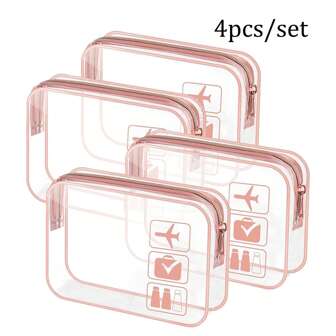 4 件套黑色时尚简约男女洗漱包，夸脱大小的防水透明化妆包，适合旅行，男女通用，可携带上飞机和赠送，节日必备品，女士夏季沙滩包，旅行必备返校用品