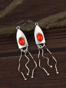 全新复古橙色椭圆形宝石长耳环 女士女孩珠宝 银色手工扭曲金属吊坠耳环 - 彩色 - 查看 5