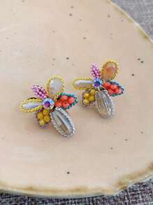 1 对合金仿玉和仿珍珠和花朵设计耳钉，适合女士佩戴，非常适合约会或情人节派对 - 彩色 - 查看 3